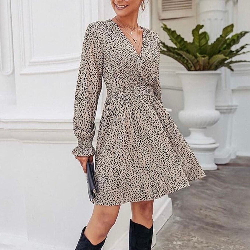 Pretty Garden NWT Leopard Print Faux Wrap Flouncy‎ Mini Dress Large Fit & Flare